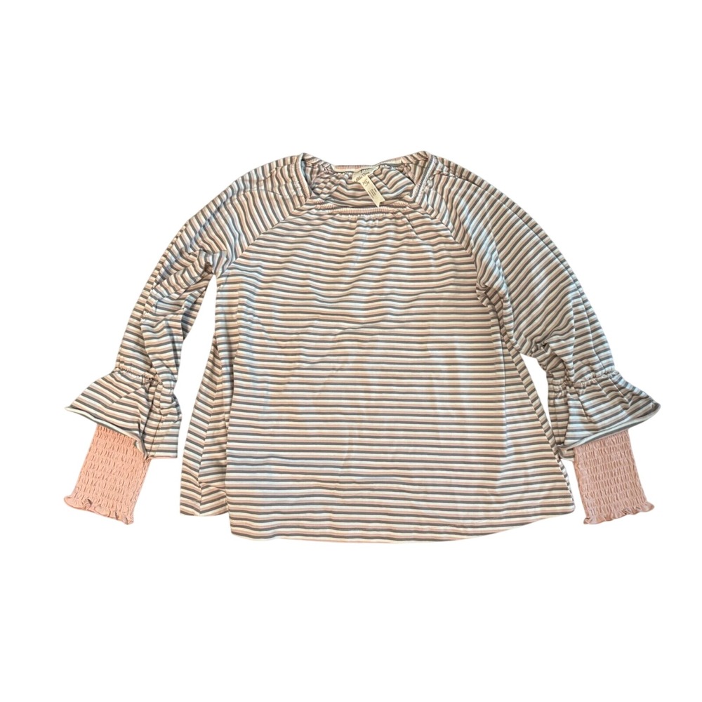 Matilda Jane Girls Pink Grey Striped Bell Sleeve Smocked Cuff Top Size 10